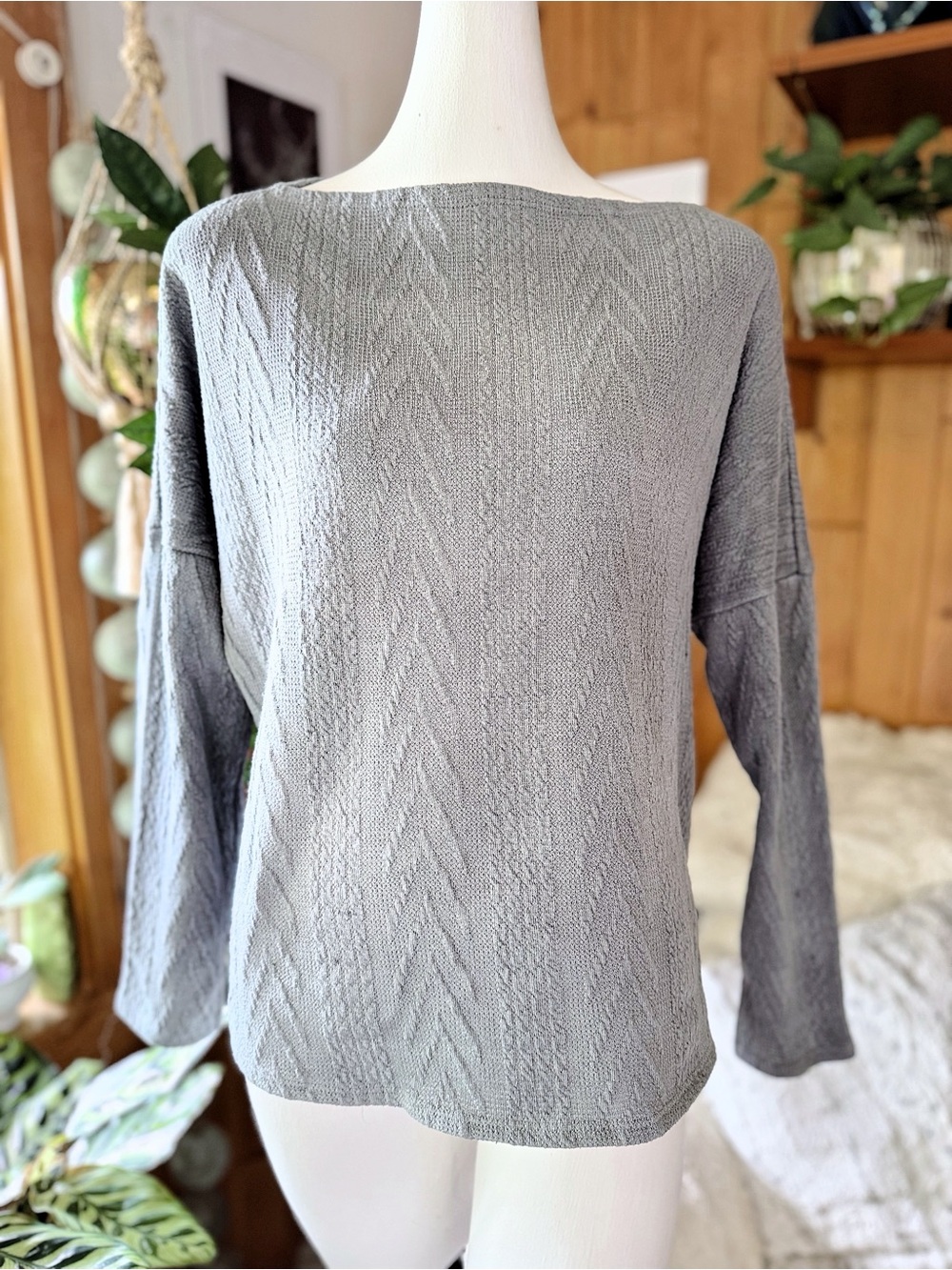 A.Gain Anthropologie Gray Textured Cable Knit Dolman Sleeve Sweater Top